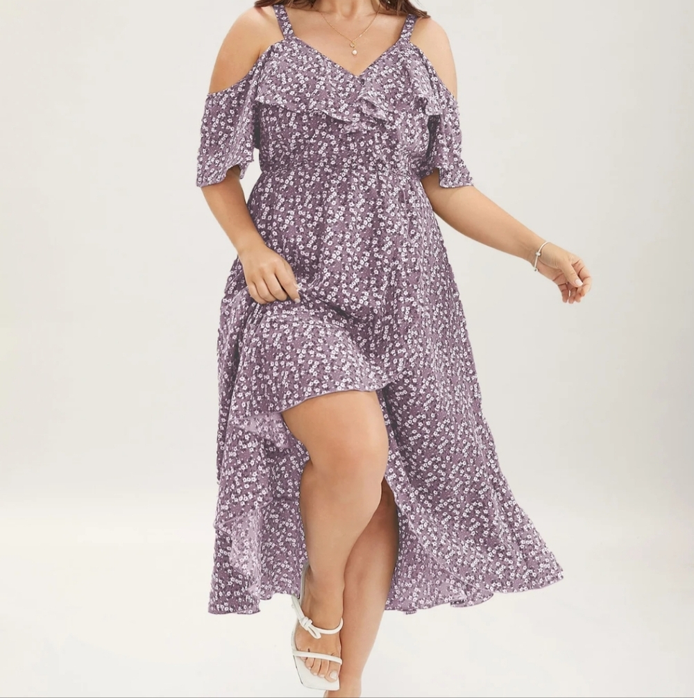 Cold-Shoulder Lavender Floral Midi Dress